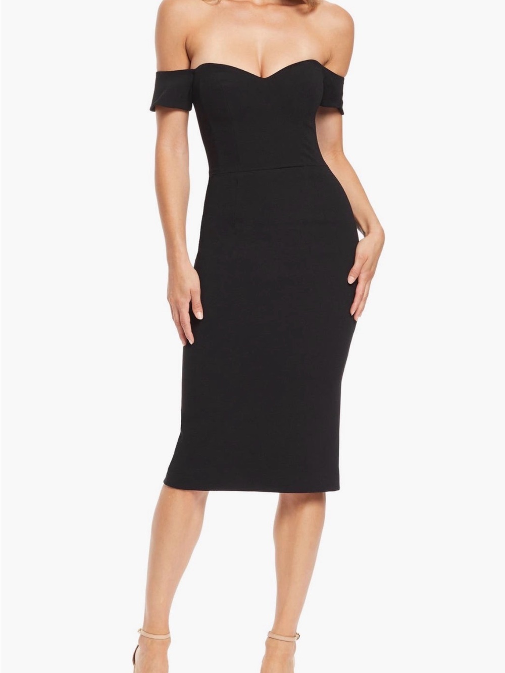 Dress the Population Bailey Off-Shoulder Midi Dress in Black